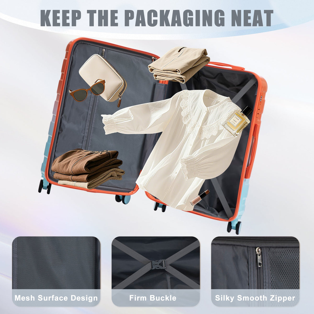 3-Piece Spinner Wheel Luggage Set Gradient Color by HouseOfZazla, suitcase with clothes on Tampa Home & Garden Store