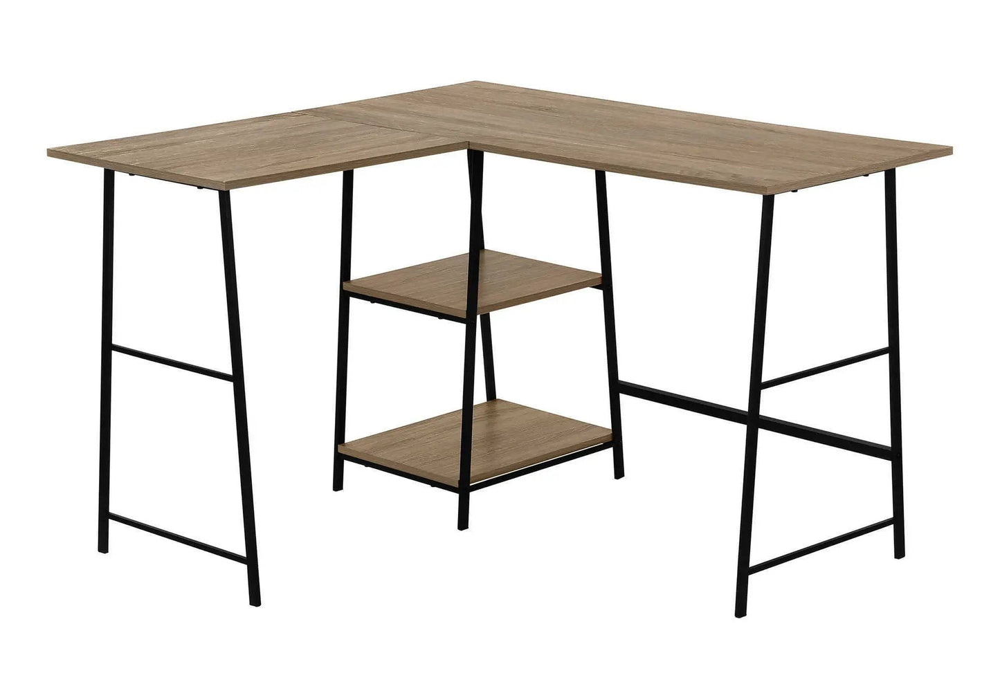 Corner L-shaped computer desk with light wood top, black metal legs, and 3-tier storage shelves on Tampa Home & Garden Store