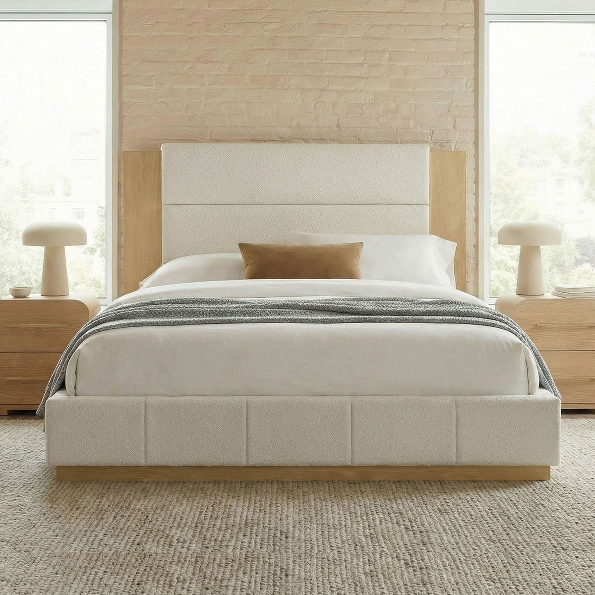 Modern upholstered platform bed with extended beige headboard, two nightstands on Tampa Home & Garden Store