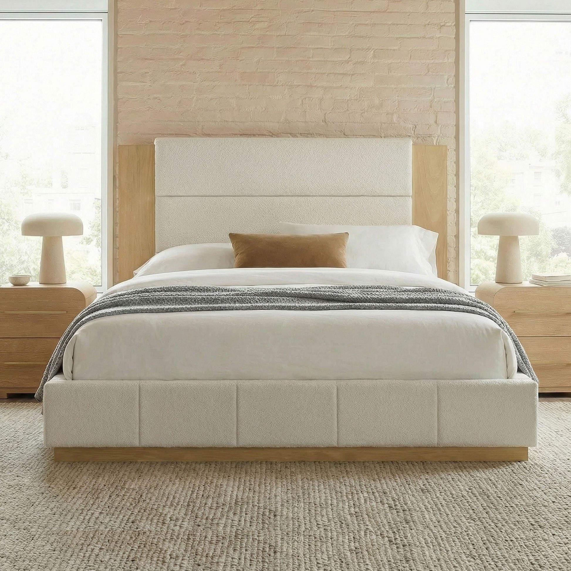 Modern upholstered platform bed with extended beige headboard, two nightstands on Tampa Home & Garden Store