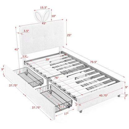 Twin Size Kids Bed with Rabbit Ear Headboard white underbed storage on Tampa Home & Garden Store