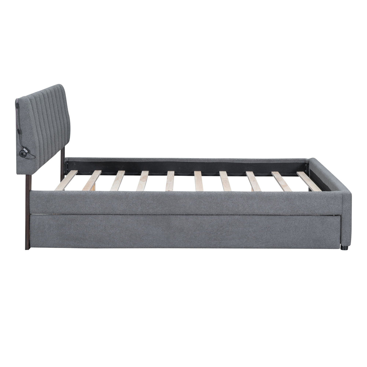 Upholstered platform bed with gray channel-tufted headboard and built-in trundle with slat base on Tampa Home & Garden Store