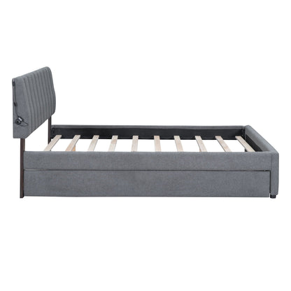 Upholstered platform bed with gray channel-tufted headboard and built-in trundle with slat base on Tampa Home & Garden Store
