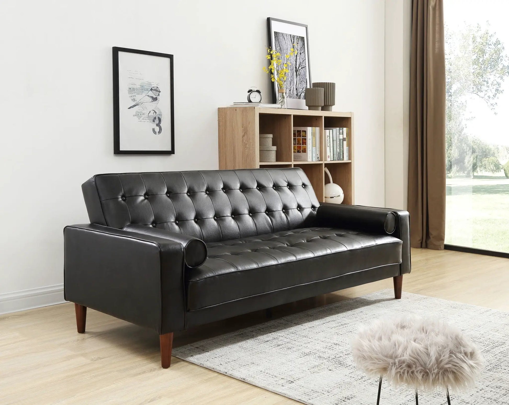 Andrews Sofa Bed futon, black tufted leatherette with wood legs on Tampa Home & Garden Store