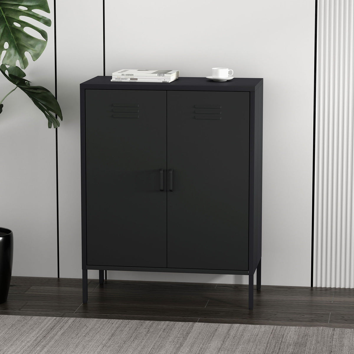 HouseOfZazla Accent Cabinet in black steel finish, 2-door storage; top magazines and cup on Tampa Home & Garden Store