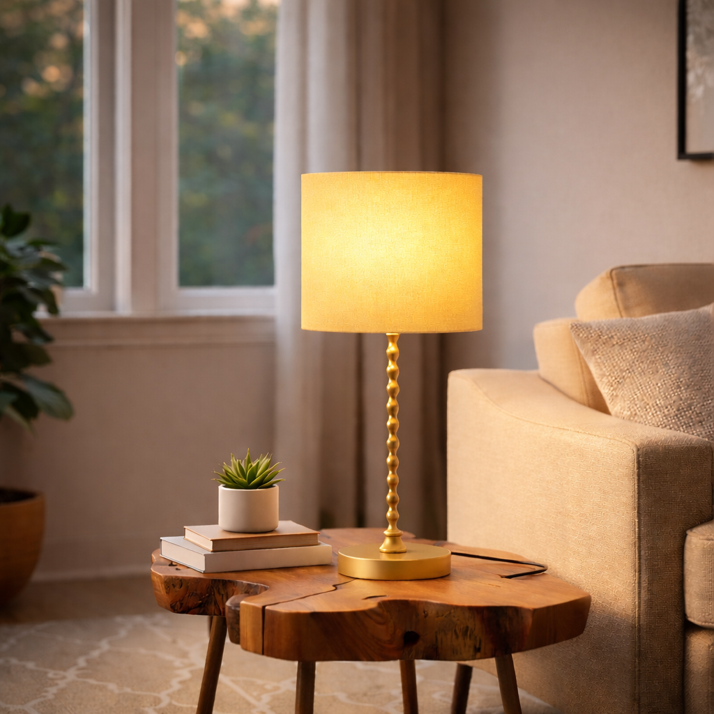 Modern Classic Desk Lamp with gold-tone twisted stem and beige fabric shade on a wood side table on Tampa Home & Garden Store