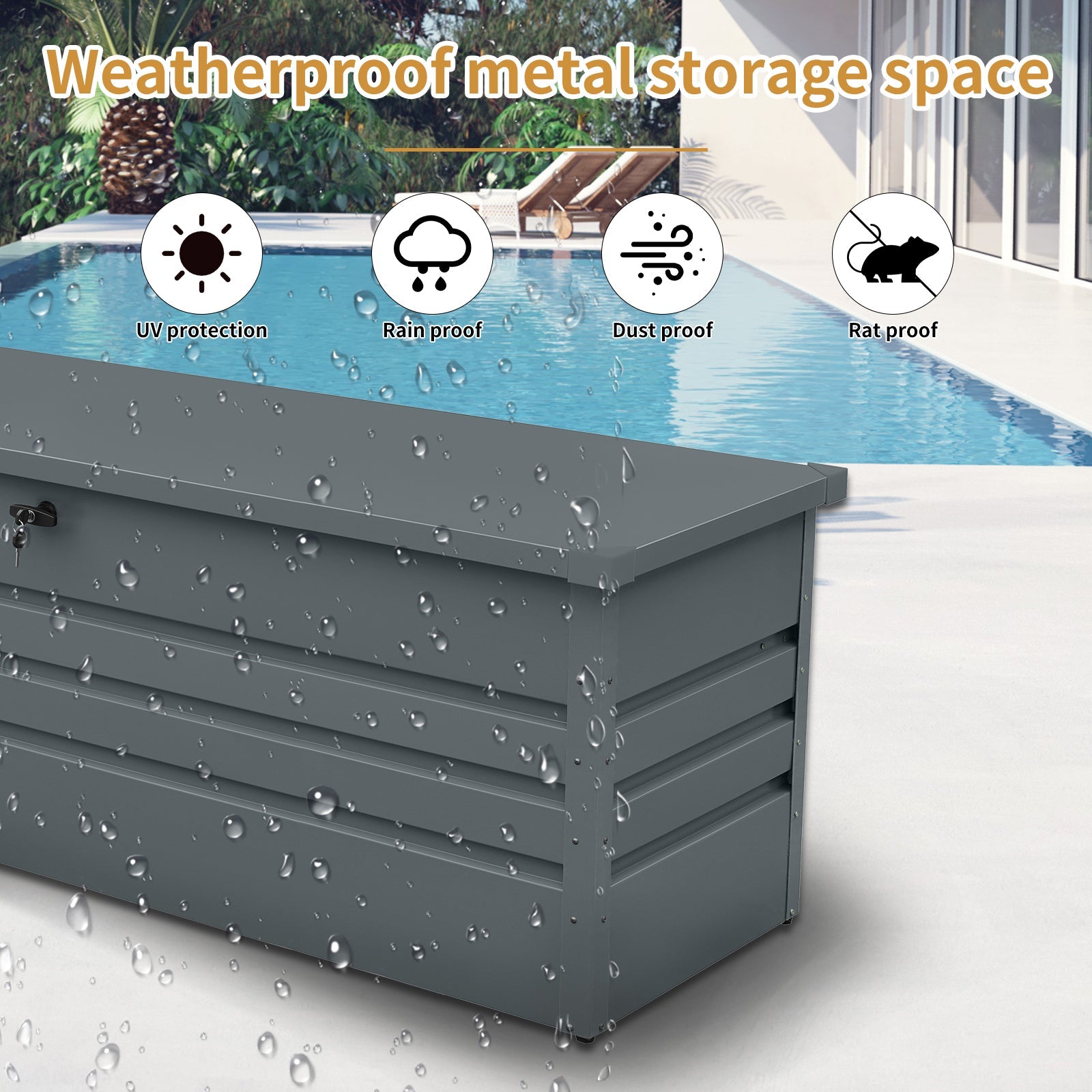 260 Gallon Metal Outdoor Deck Box by HouseOfZazla, gray steel weatherproof storage with UV on Tampa Home & Garden Store