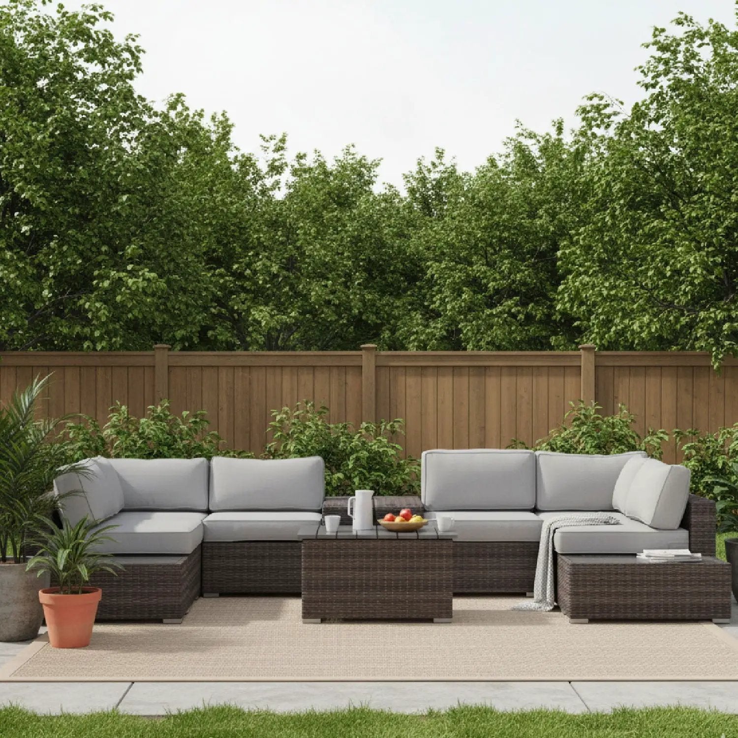 Wicker sectional seating group with cushions, 4-piece outdoor set, light gray cushions on a patio on Tampa Home & Garden Store