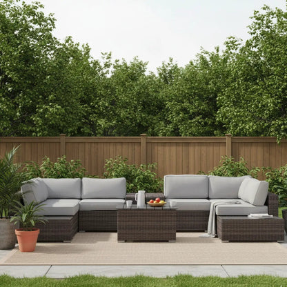 Wicker sectional seating group with cushions, 4-piece outdoor set, light gray cushions on a patio on Tampa Home & Garden Store