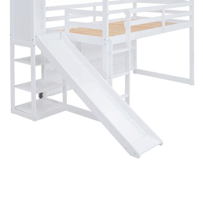 House Loft Bed with Slide and Storage Shelves