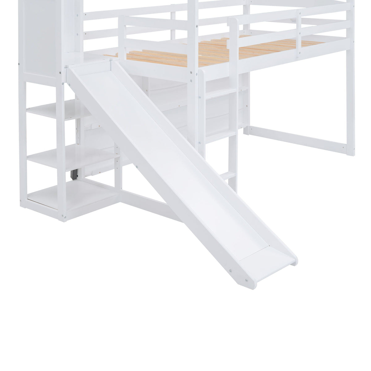 House loft bed with slide, guard rails and stairs with built-in storage shelves on Tampa Home & Garden Store