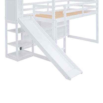 House loft bed with slide, guard rails and stairs with built-in storage shelves on Tampa Home & Garden Store