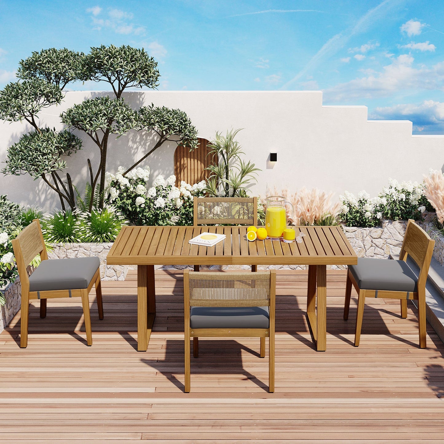 U_Style outdoor acacia wood dining table and chair set with gray cushions, natural finish on Tampa Home & Garden Store