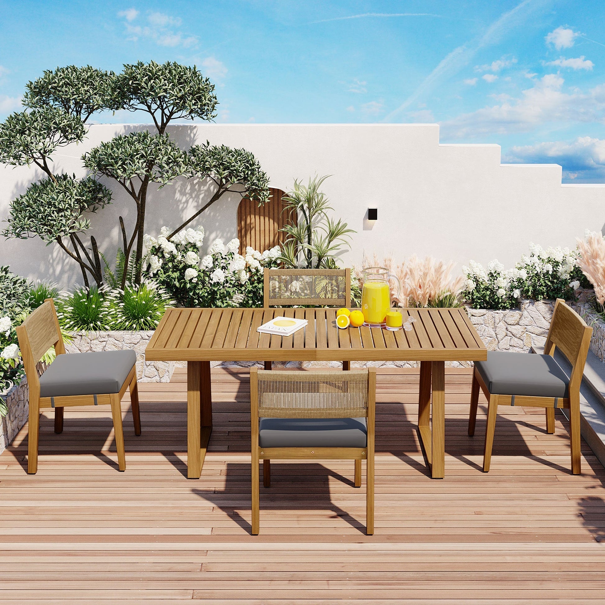 U_Style outdoor acacia wood dining table and chair set with gray cushions, natural finish on Tampa Home & Garden Store