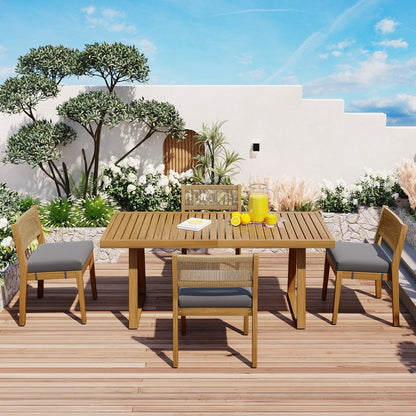 U_Style outdoor acacia wood dining table and chair set with gray cushions, natural finish on Tampa Home & Garden Store