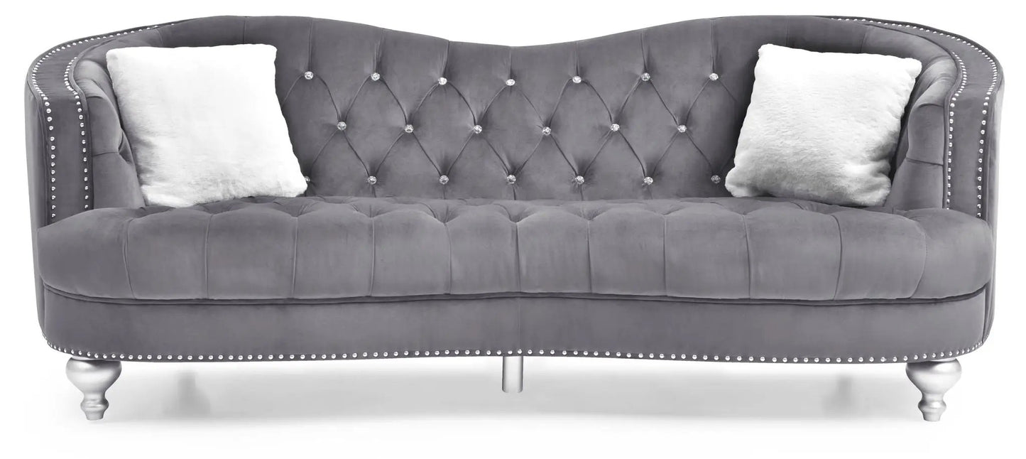 Jewel sofa gray velvet stationary sofa with tufted back and crystal buttons on Tampa Home & Garden Store