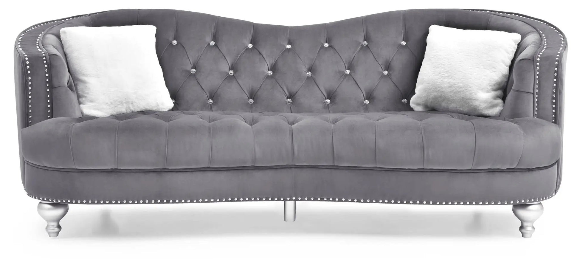 Jewel sofa gray velvet stationary sofa with tufted back and crystal buttons on Tampa Home & Garden Store