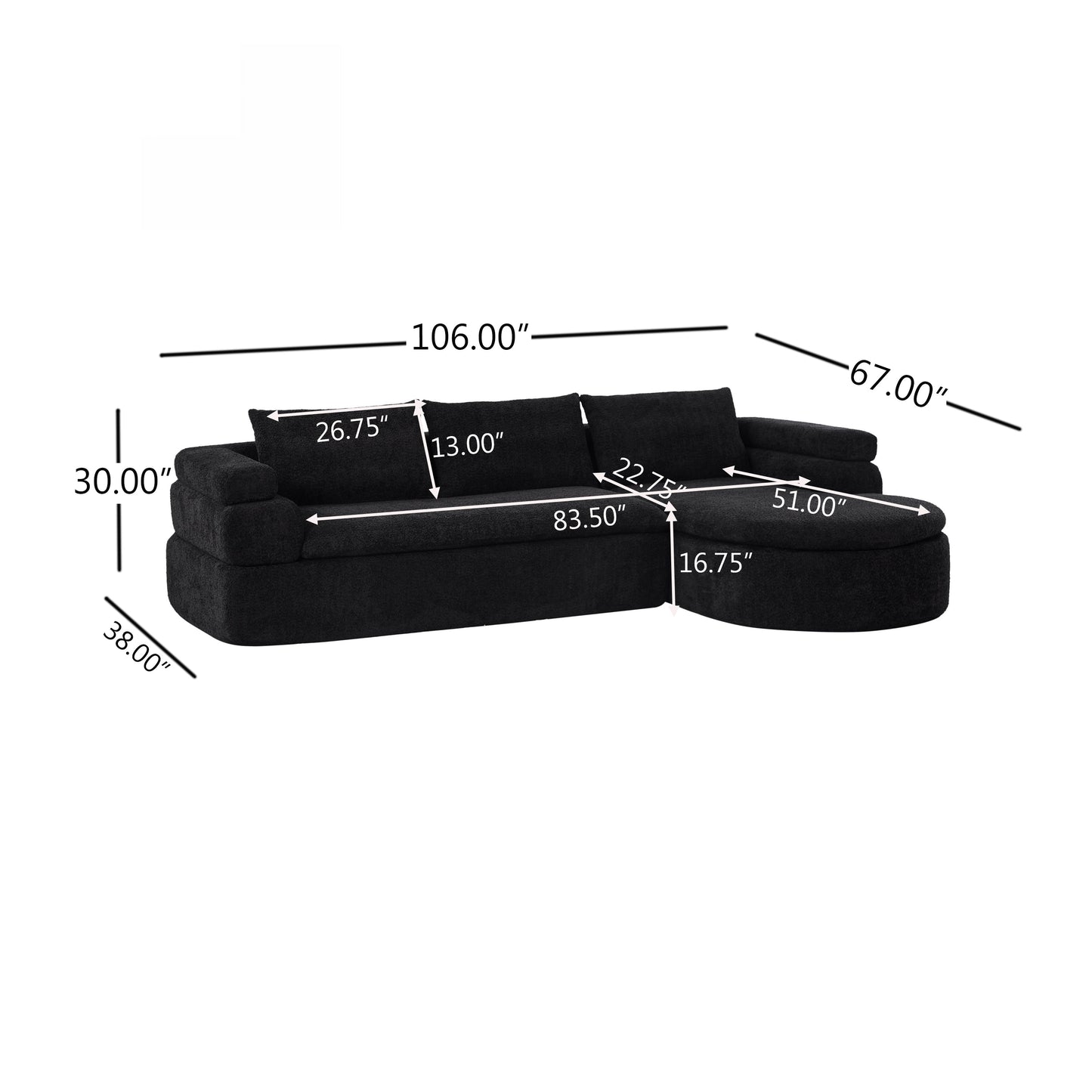 106-inch L-shaped black sectional sofa by HouseOfZazla with plush cushions on Tampa Home & Garden Store