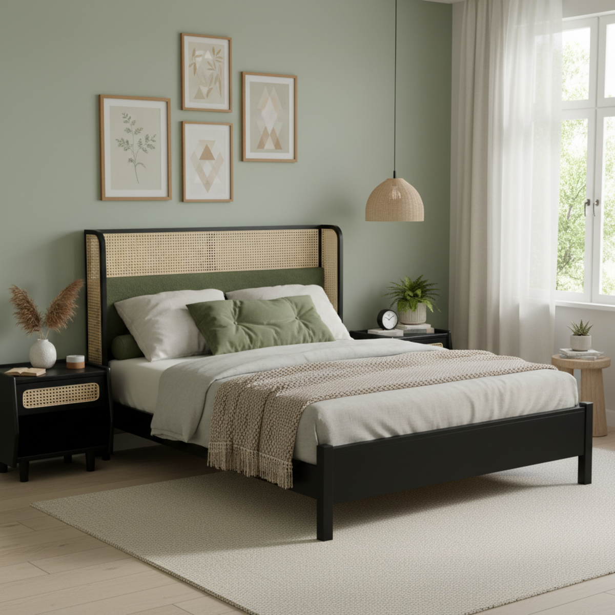 Queen Size Bed Frame with Plush Green Headboard