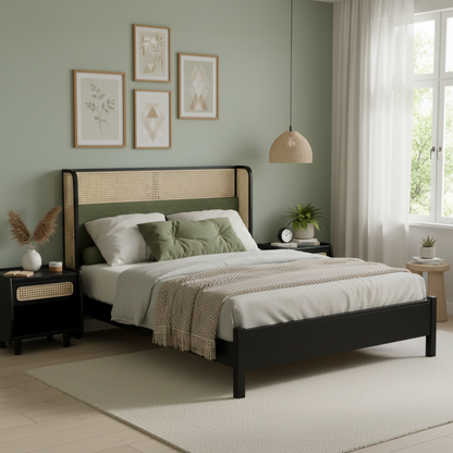 Queen Size Bed Frame with Plush Green Headboard