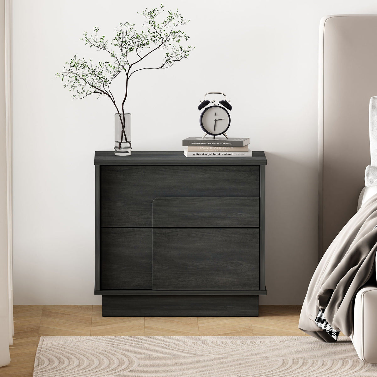 Modern Nightstand with Push to Open Drawers in dark espresso finish with clock and books on Tampa Home & Garden Store