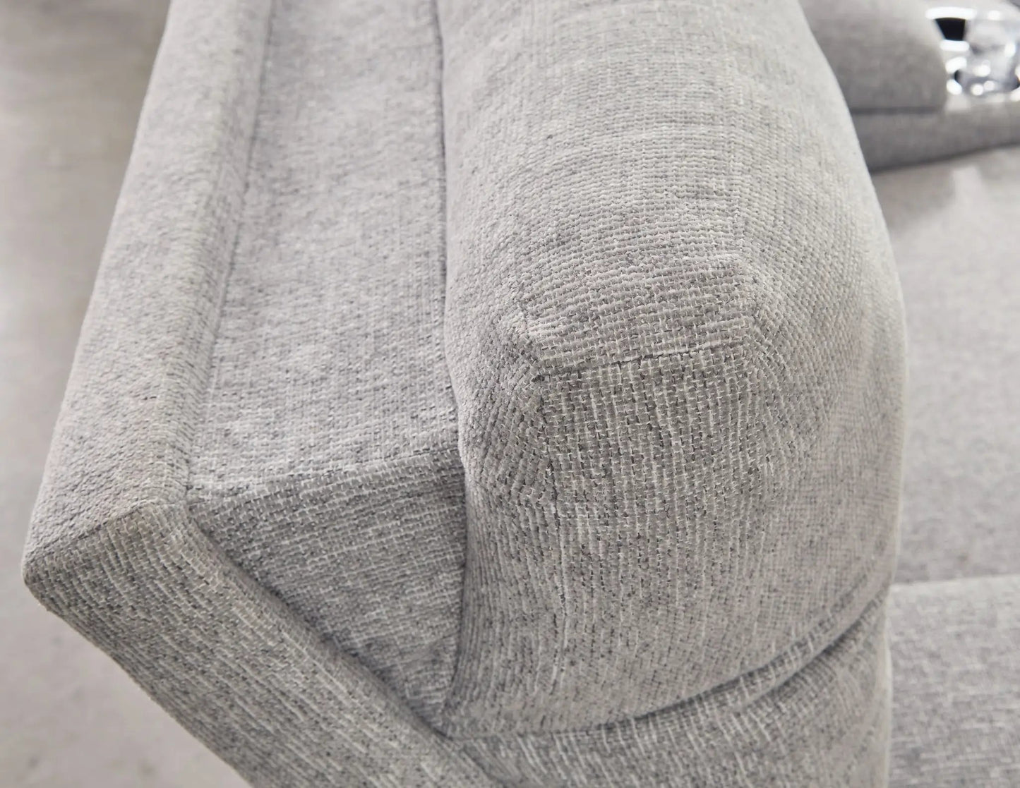 Acklen Place reclining sectional close-up of grey textured fabric upholstery on Tampa Home & Garden Store