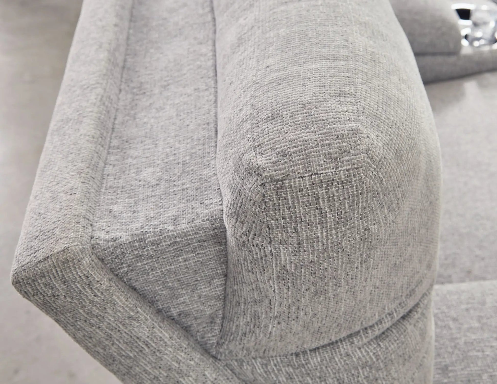 Acklen Place reclining sectional close-up of grey textured fabric upholstery on Tampa Home & Garden Store