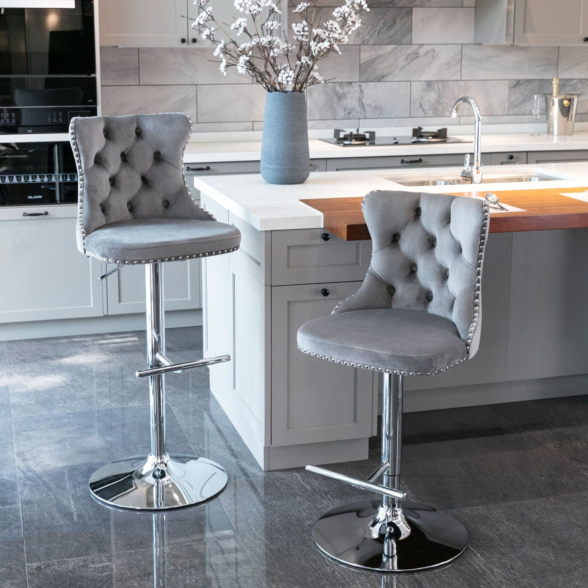 Swivel adjustable-height barstools set of 2 with grey tufted upholstery and chrome bases on Tampa Home & Garden Store