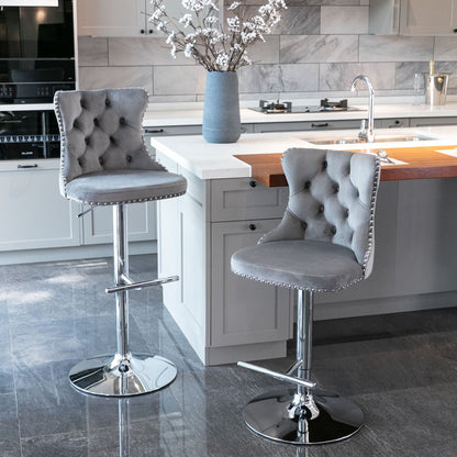 Swivel adjustable-height barstools set of 2 with grey tufted upholstery and chrome bases on Tampa Home & Garden Store