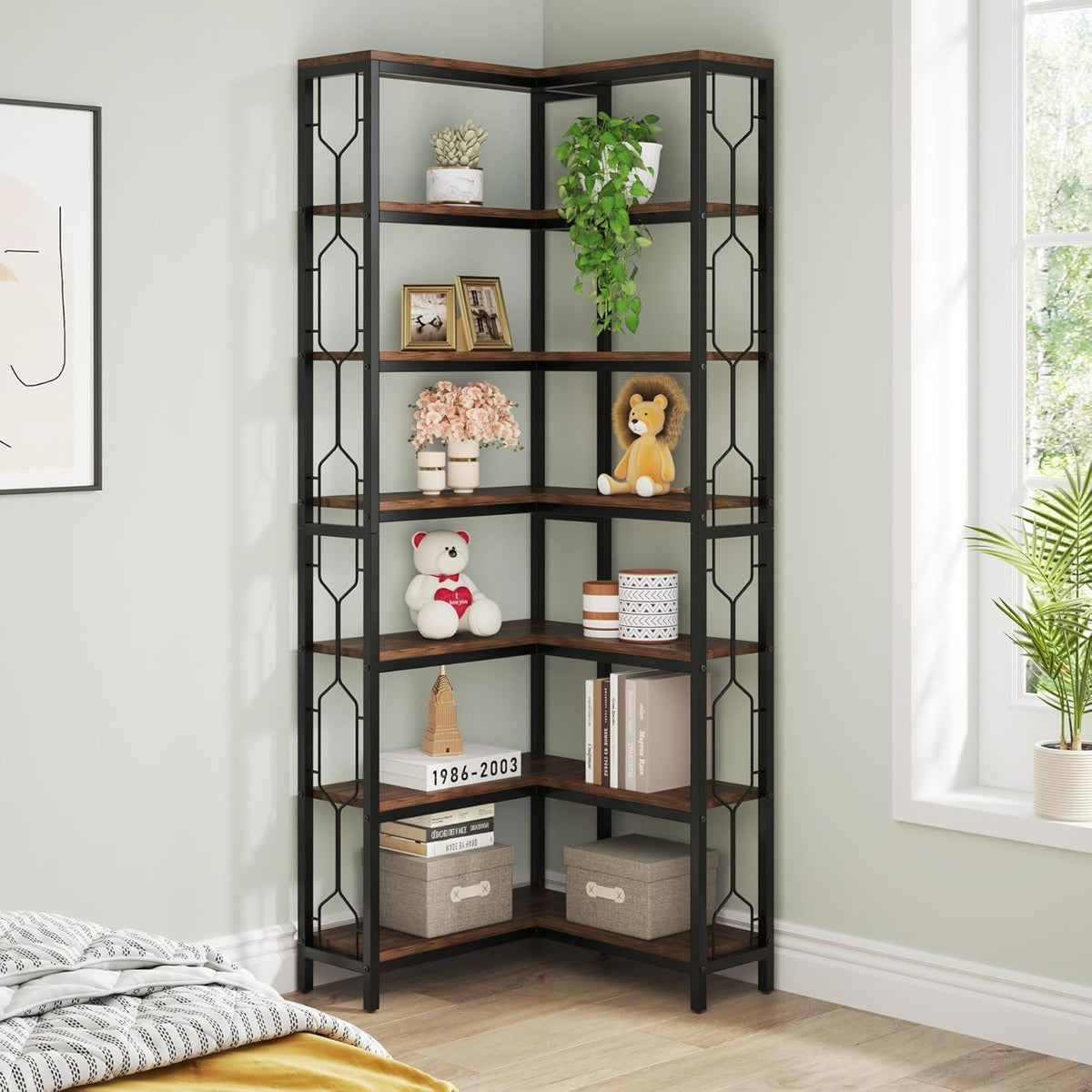 7 Tier Corner Bookshelf with Hexagonal Design, dark wood shelves and black metal frame on Tampa Home & Garden Store