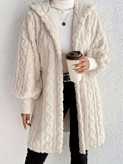 Beige Stevvex fuzzy hooded coat, open-front, long length with cable-knit texture on Tampa Home & Garden Store
