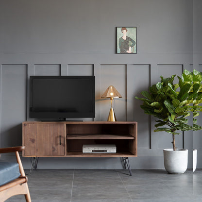 Reclaimed wood TV stand with cabinet and open shelves in natural finish by HouseOfZazla on Tampa Home & Garden Store
