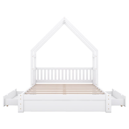 House Style Platform Bed With Guardrail And 2 Drawers white wooden canopy bed with slatted base on Tampa Home & Garden Store
