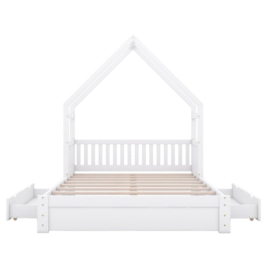 House Style Platform Bed With Guardrail And 2 Drawers white wooden canopy bed with slatted base on Tampa Home & Garden Store