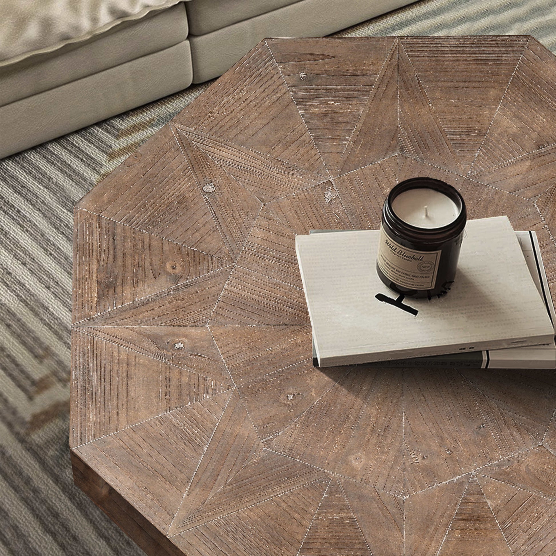 Wood Octagonal Vintage Patchwork Coffee Table with brown finish and geometric panels on Tampa Home & Garden Store