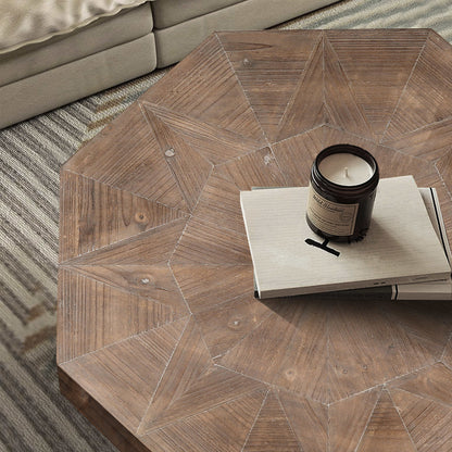 Wood Octagonal Vintage Patchwork Coffee Table with brown finish and geometric panels on Tampa Home & Garden Store