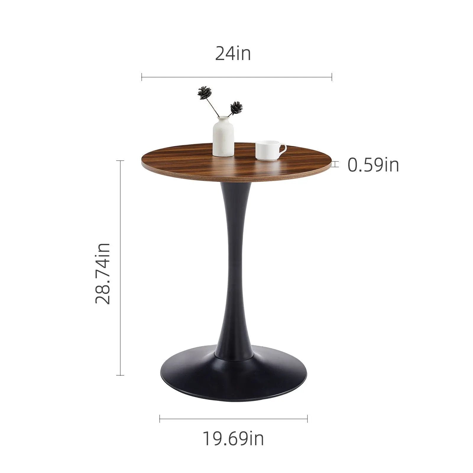 Round dining table with tulip-style base and warm wood top with vase on Unique Piece Furniture on Tampa Home & Garden Store