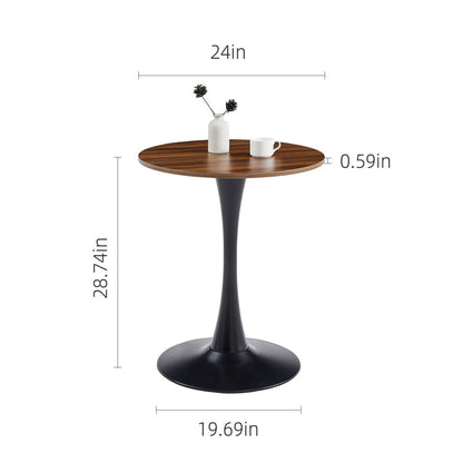Round dining table with tulip-style base and warm wood top with vase on Unique Piece Furniture on Tampa Home & Garden Store
