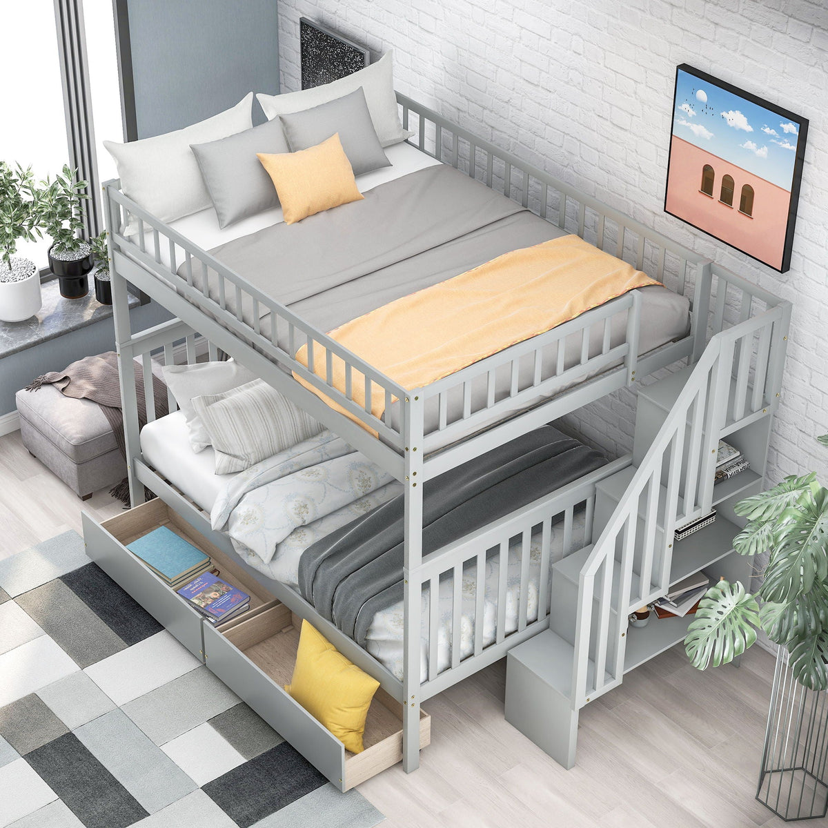 Bunk Bed With Staircase gray finish by HouseOfZazla with upper and lower bunks on Tampa Home & Garden Store