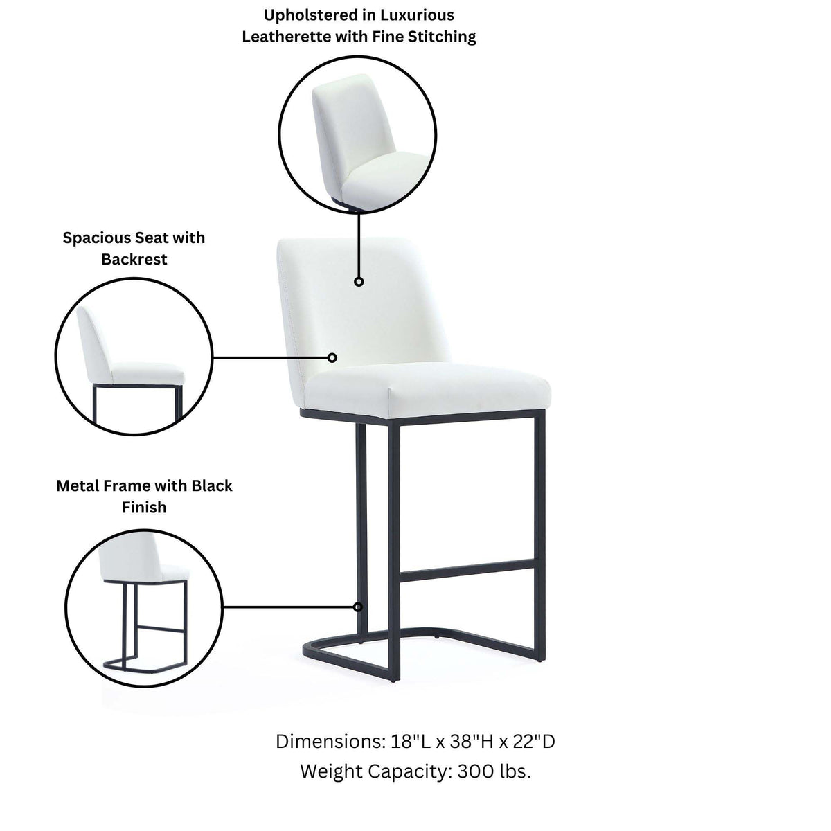 Serena Counter Stool white leatherette black metal frame 24-27in on Tampa Home & Garden Store