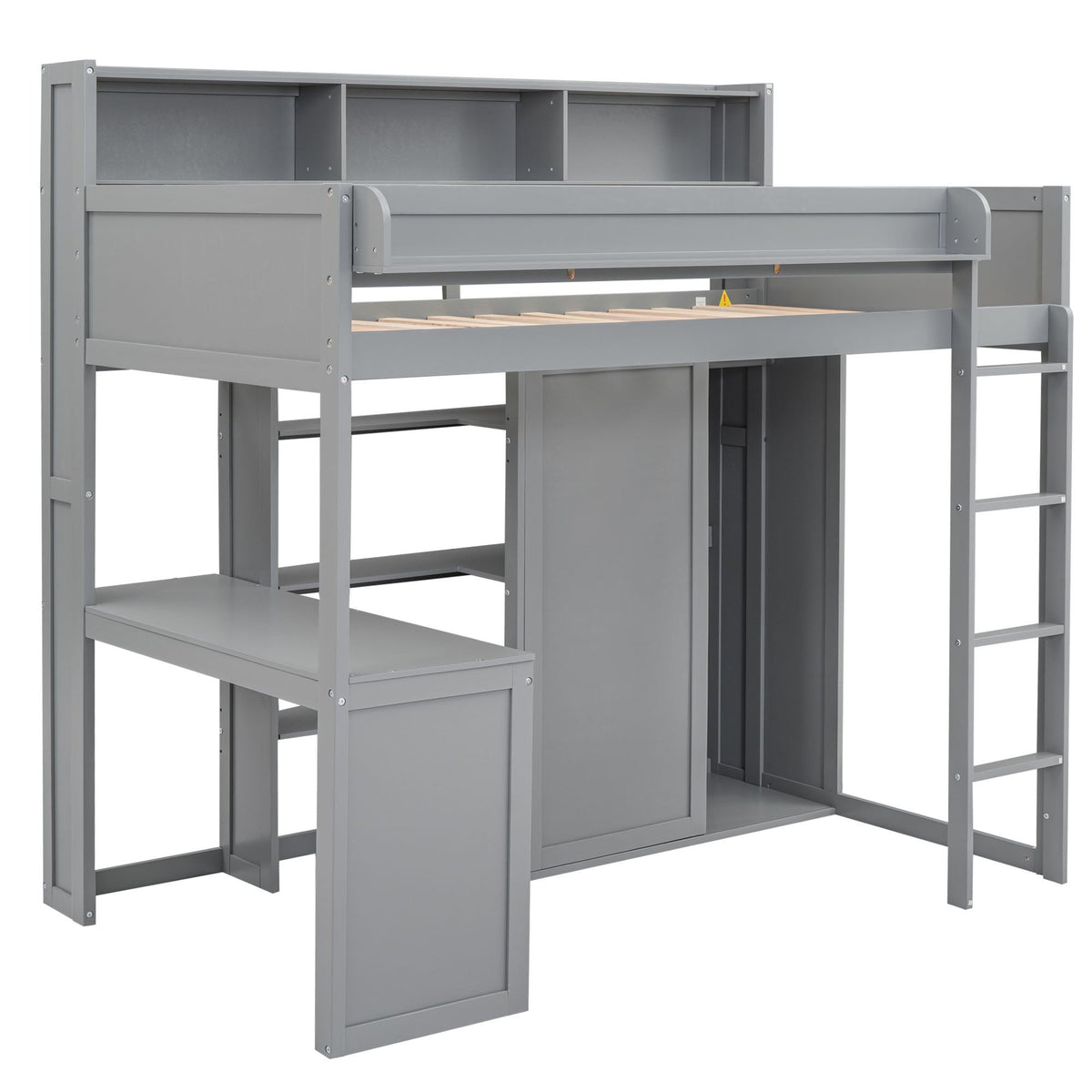 Loft bed with built-in desk, storage shelves and wardrobe in gray metal on Tampa Home & Garden Store