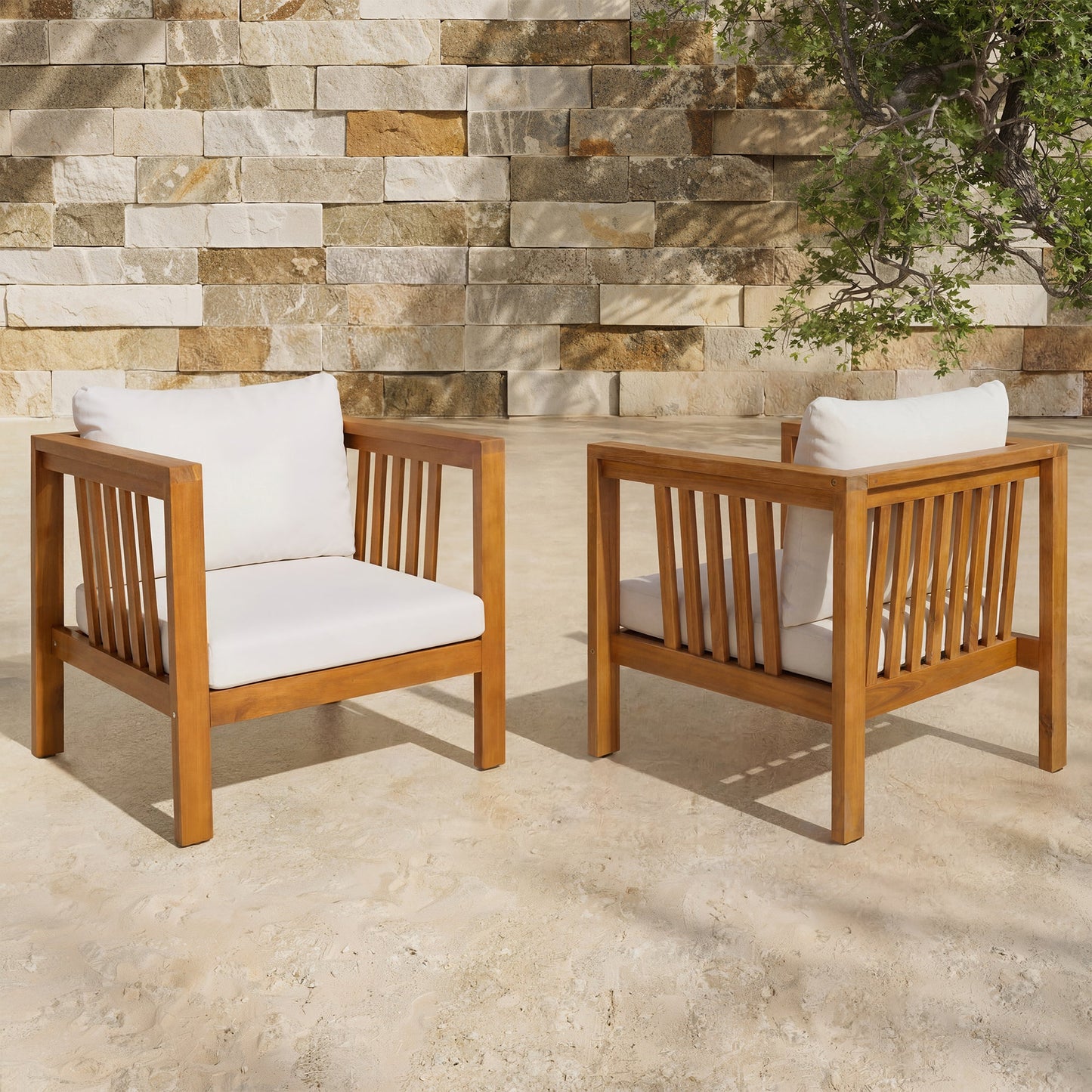 Set of 2 Acacia Wood Club Chairs for Outdoor Use