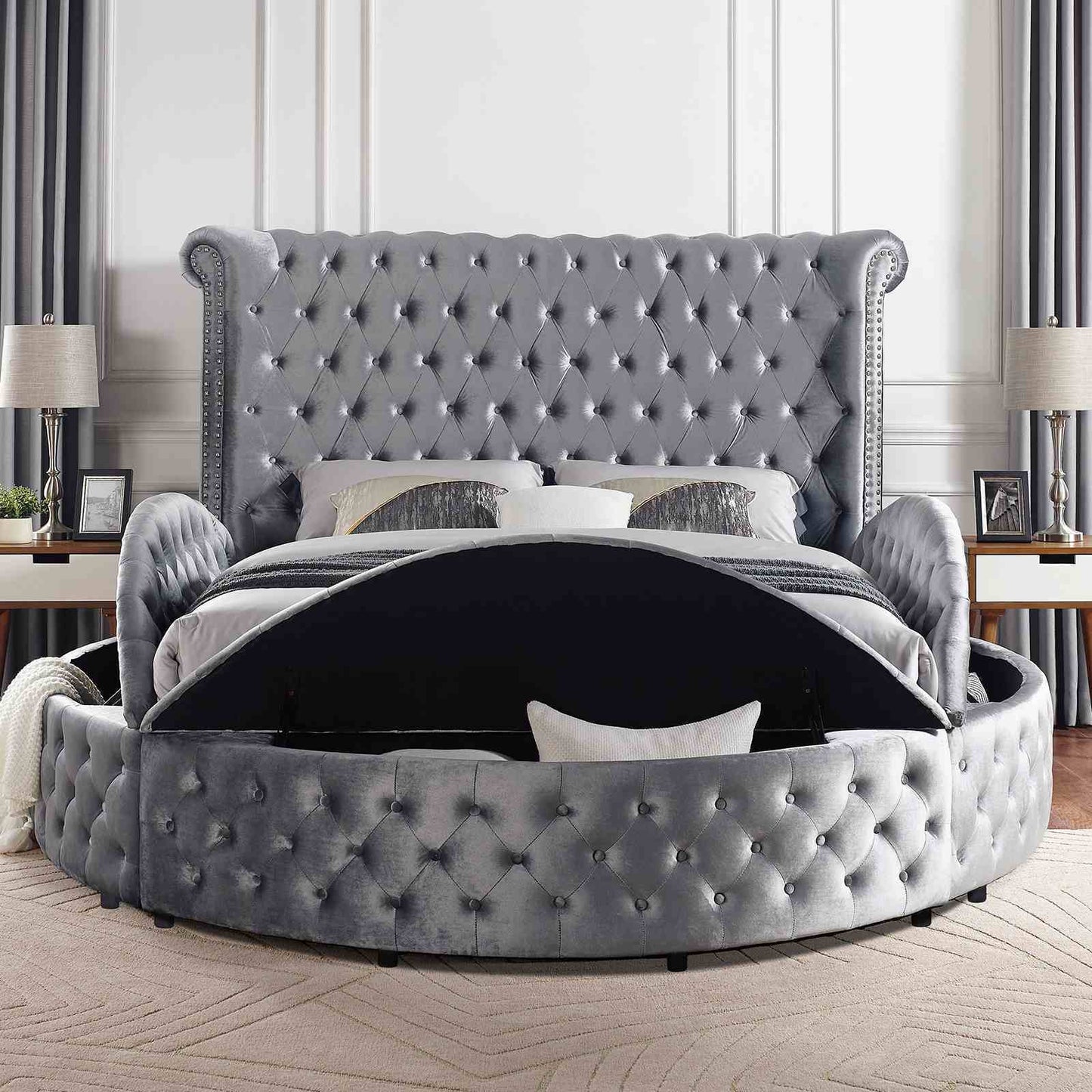 Glam Button Tufted Wingback Bed With USB Ports
