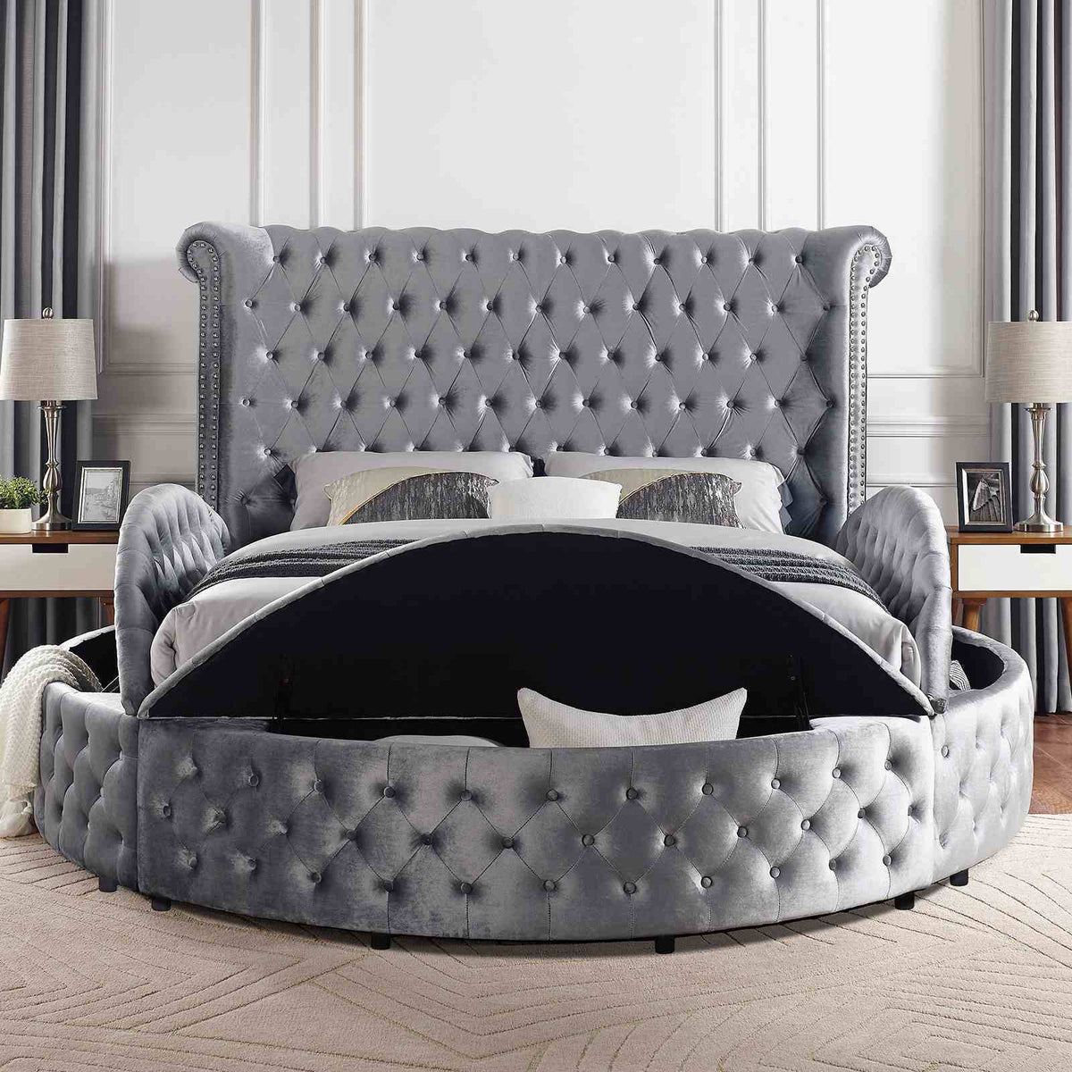 Glam Button Tufted Round Bed with Usb Storage