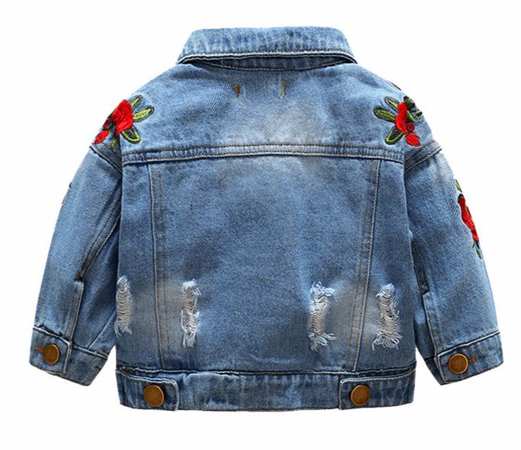 Baby girls denim jacket by Stevvex with rose embroidery and distressed ripped details on Tampa Home & Garden Store