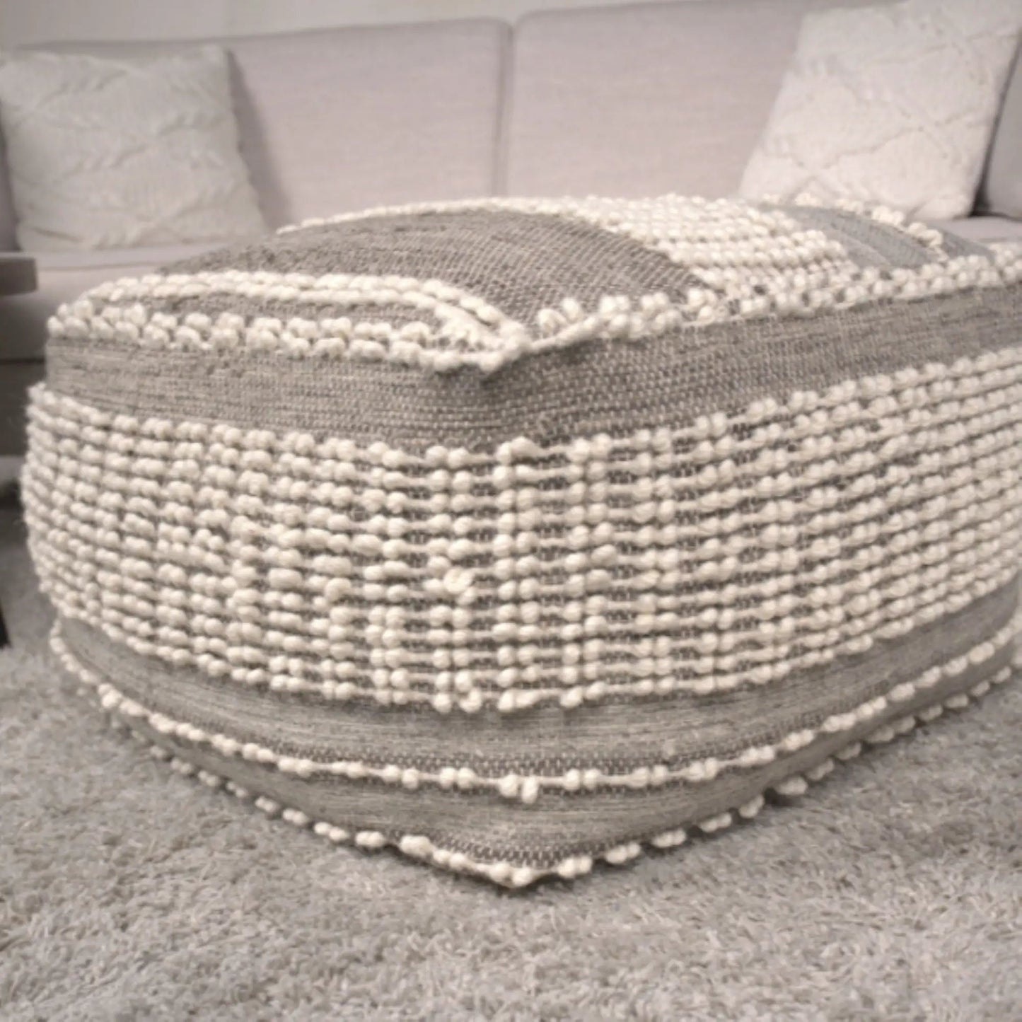 Rustic Wool and Cotton Pouf Handcrafted Tufted
