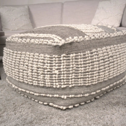 Rustic Wool and Cotton Pouf Handcrafted Tufted