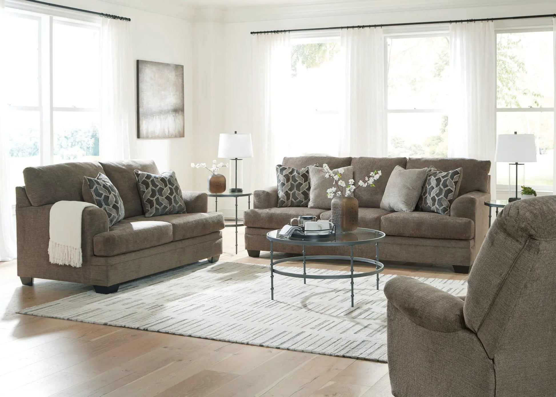 Stonemeade 3 Piece Living Room Set Unique Piece Furniture taupe fabric with geometric pillows on Tampa Home & Garden Store