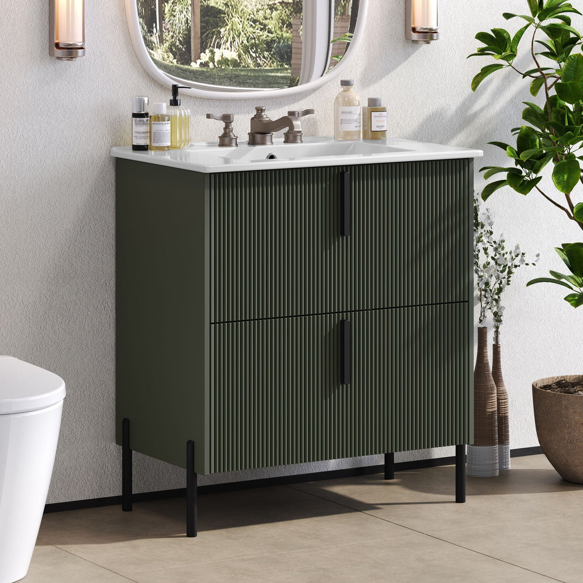 Bathroom vanity with white ceramic sink on dark green fluted cabinet and bronze faucet on Tampa Home & Garden Store