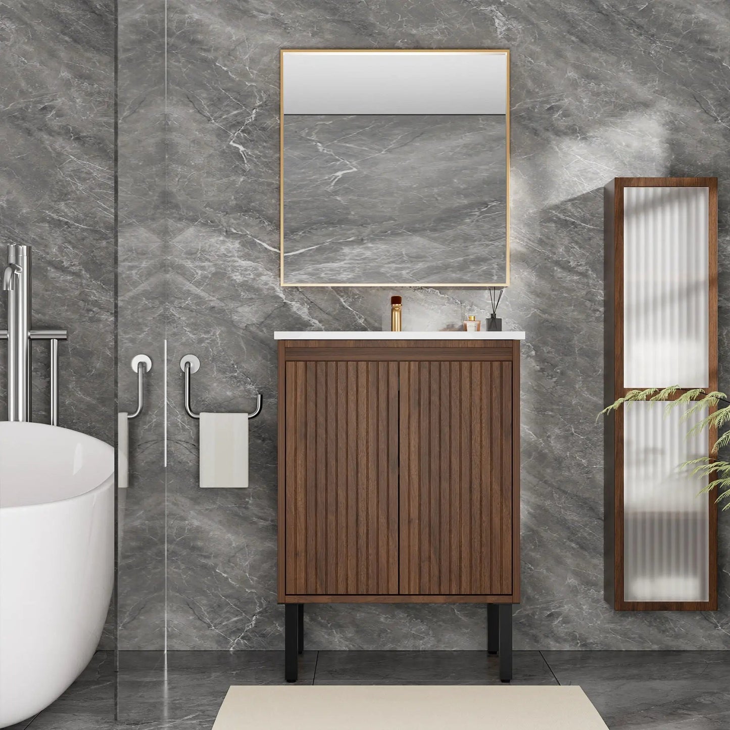 Bathroom vanity with dark wood slatted doors and white countertop, floor-standing design on Tampa Home & Garden Store
